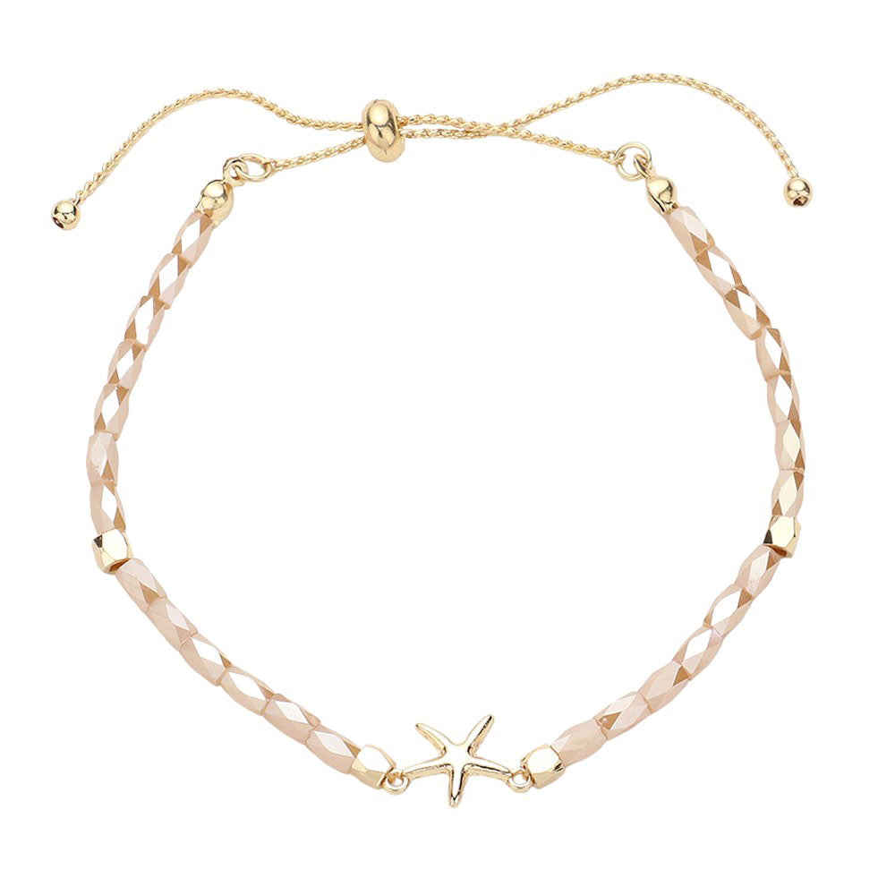 Metal Starfish Pointed Faceted Beaded Pull Tie Cinch Bracelet