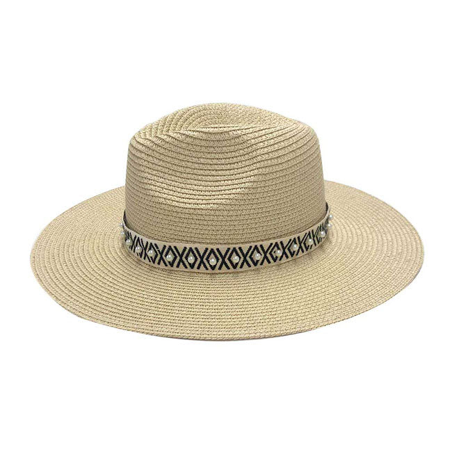 Pearl Embellished Aztec Band Panama Sun Hat