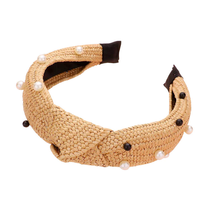 Pearl Embellished Straw Knot Burnout Headband
