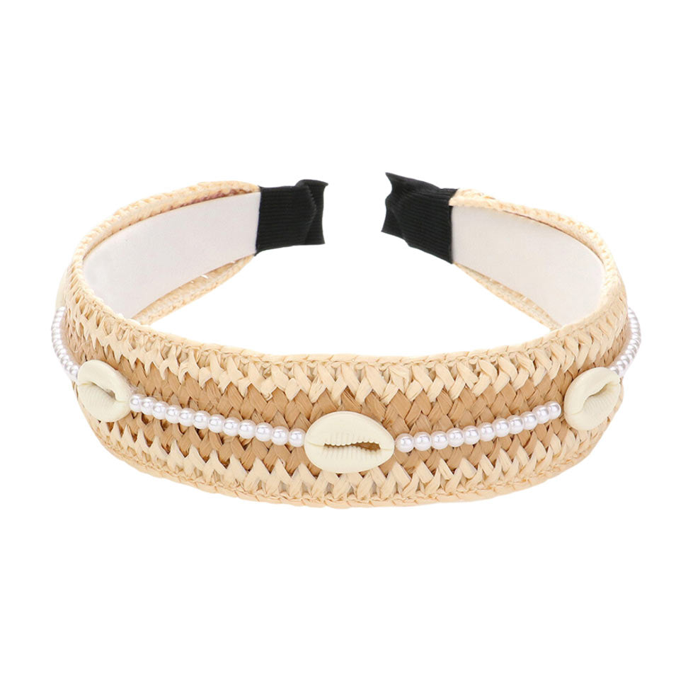 Pearl Puka Shell Embellished Woven Straw Headband