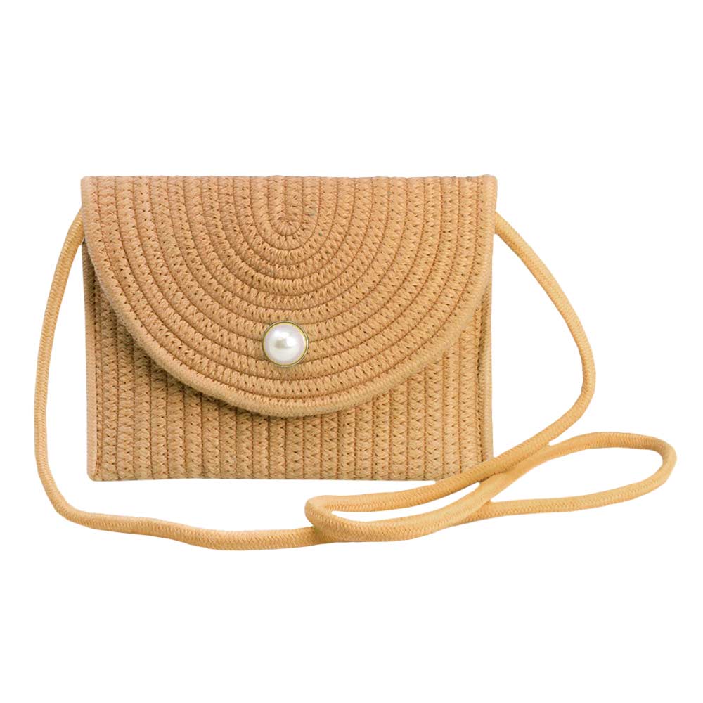 Solid Color With Pearl Button Straw Micro Crossbody Bag