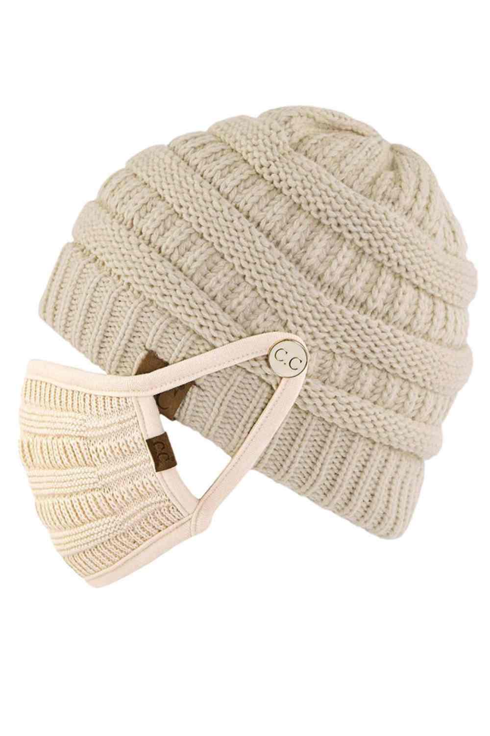 C.C Ribbed Knit Beanie With Mask Button