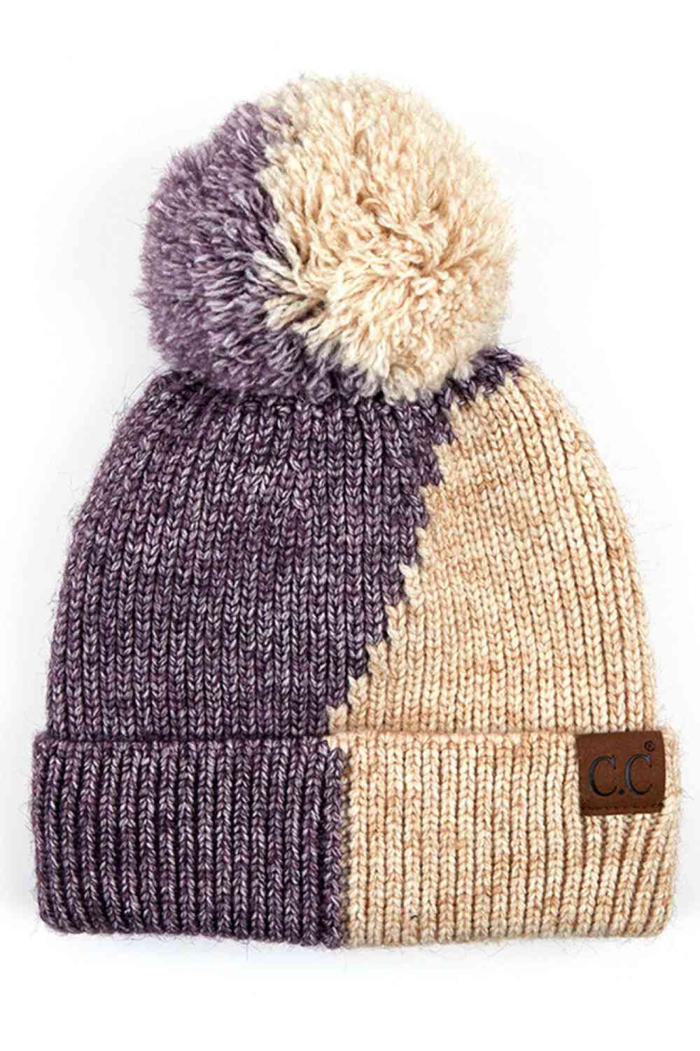C.C Two Tone Knit Beanie With Pom