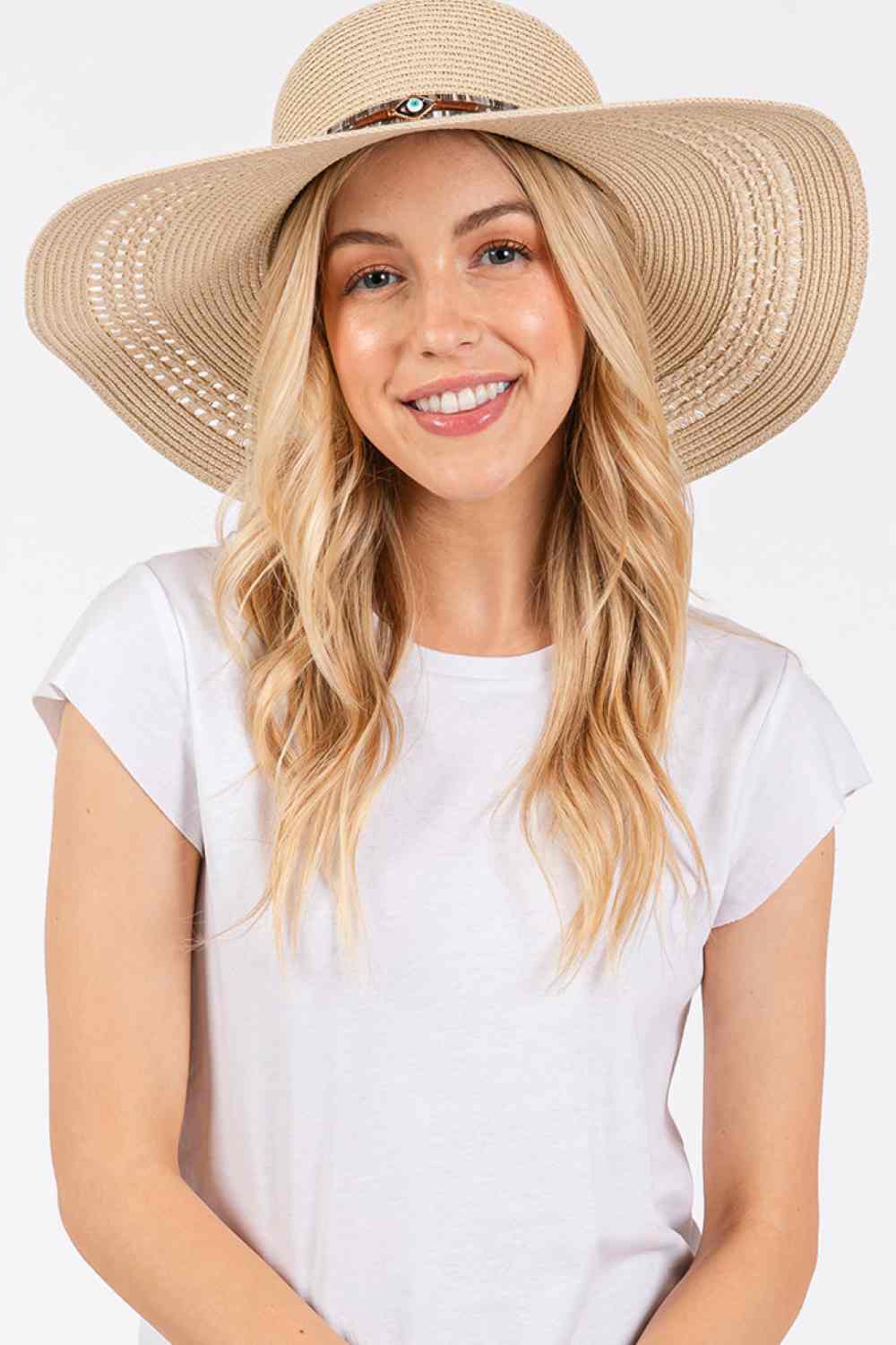 Evil Eye and Multi Design Band Wide Brim Straw Hat