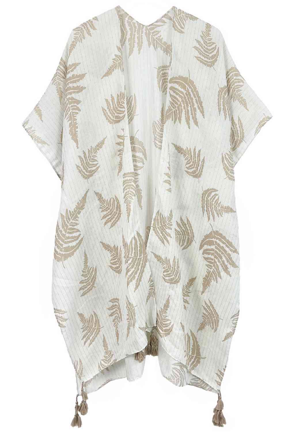 Leaf Print Two Tone Lurex Tassel Kimono