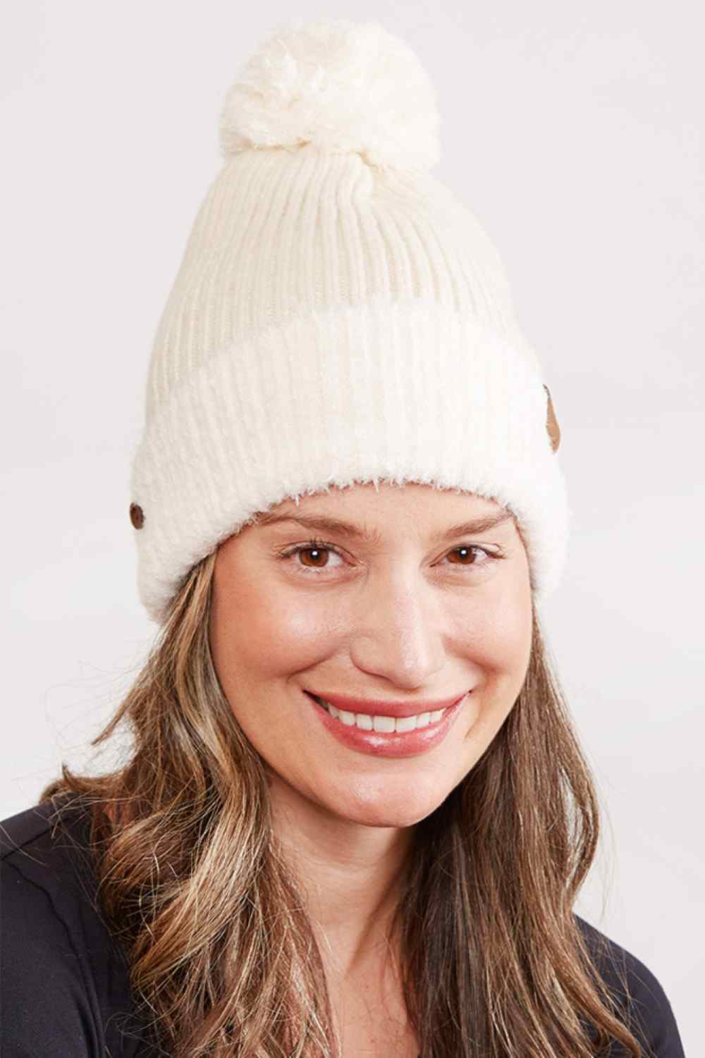 Ribbed Brim Button Pom Beanie