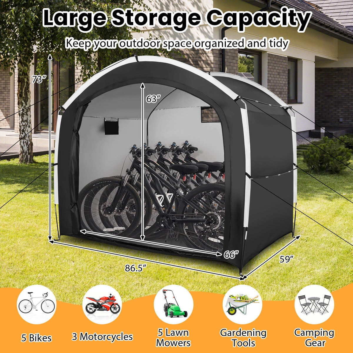 Carpa cobertizo para bicicletas con tejido Oxford 210D impermeable PU4000MM para 5 bicicletas
