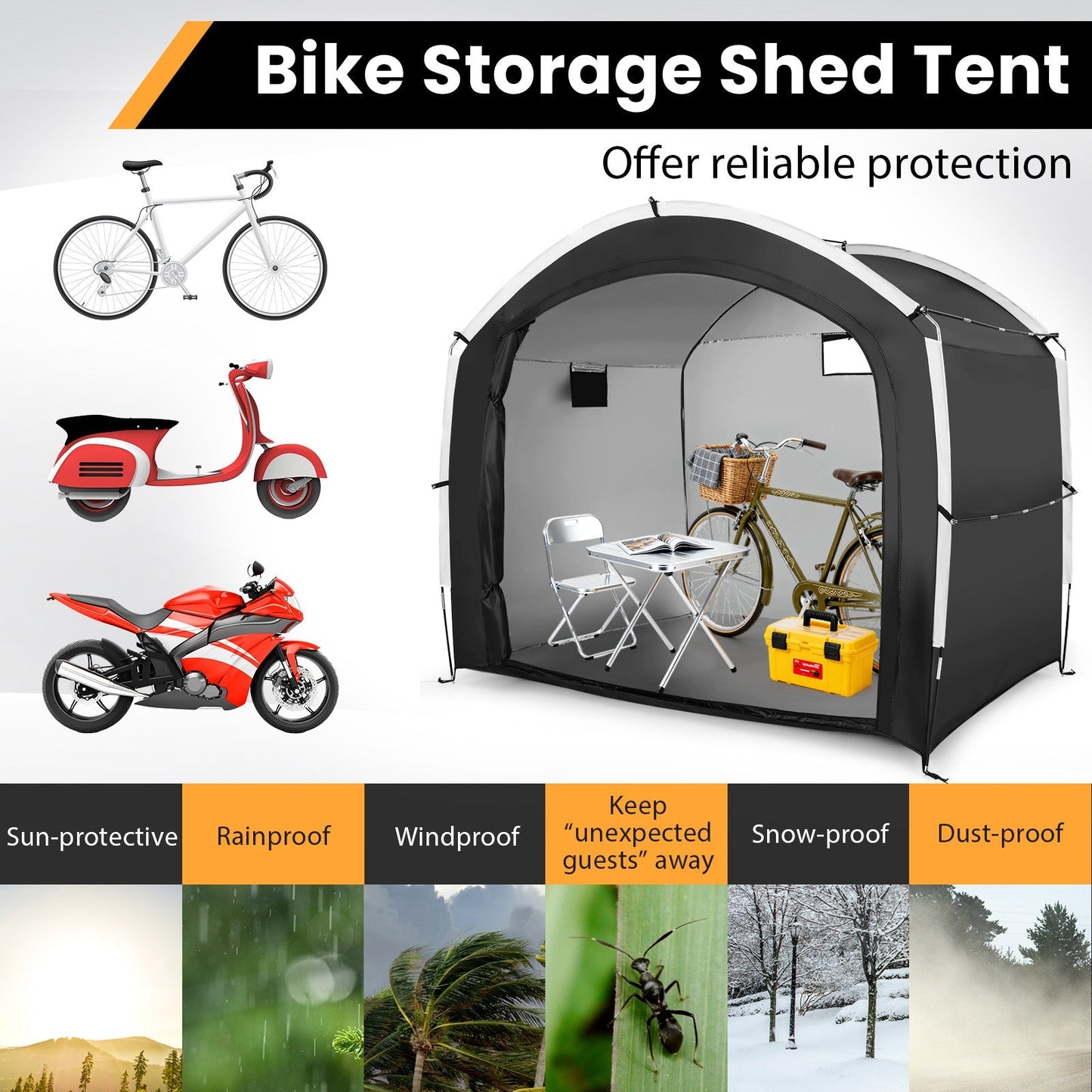 Carpa cobertizo para bicicletas con tejido Oxford 210D impermeable PU4000MM para 5 bicicletas