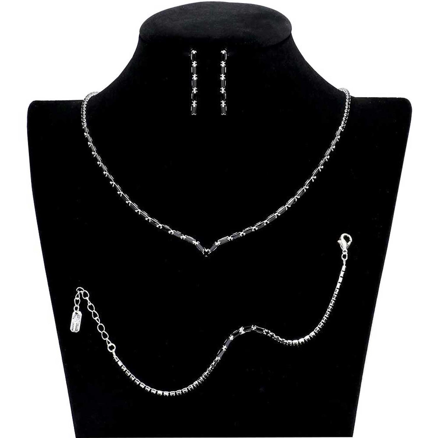 3PCS Chevron Accented Rectangle Stone Necklace Jewelry Set