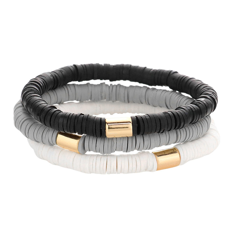 3PCS Metal Cylinder Heishi Beaded Stretch Bracelets