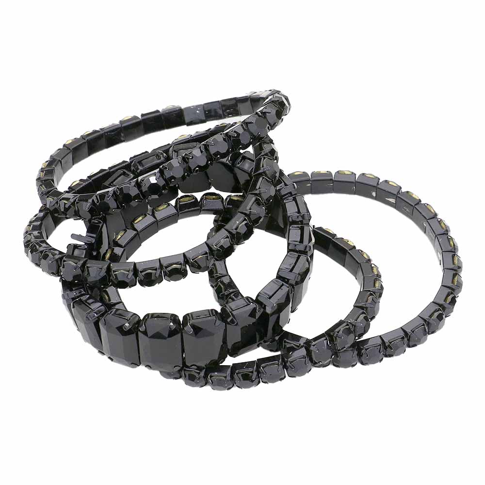 Women's 5Pcs Rectangle Round Stone Stretch Multi Layered Bracelets