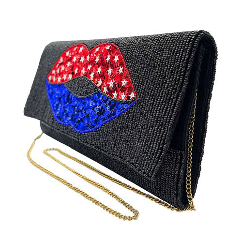 American USA Flag Lips Seed Beaded Clutch Crossbody Bag