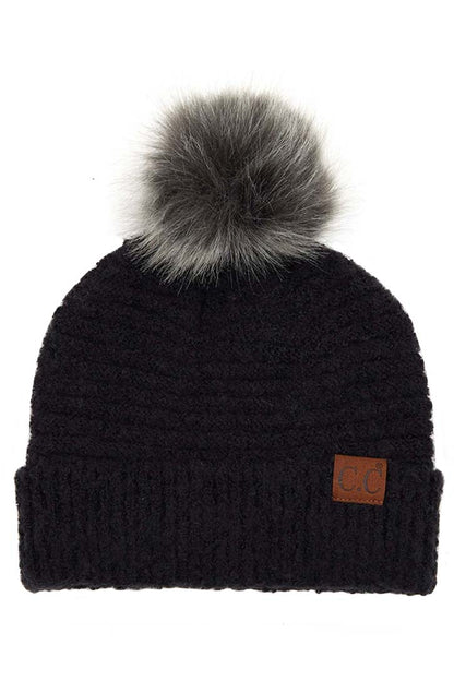 C.C Solid Boucle Yarn Beanie Hat With Pom