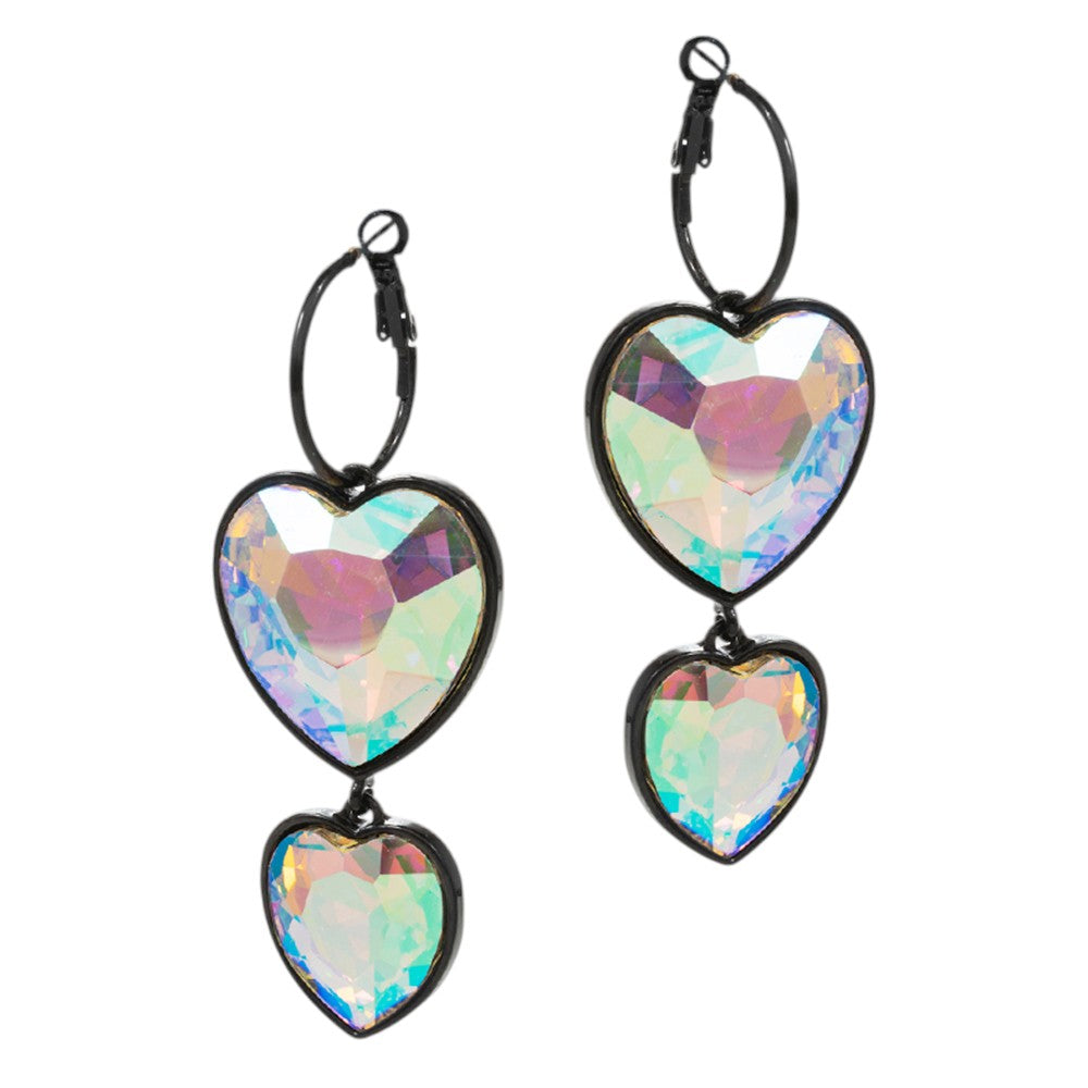 Crystal Stone Double Heart Link  Dropdown Earrings