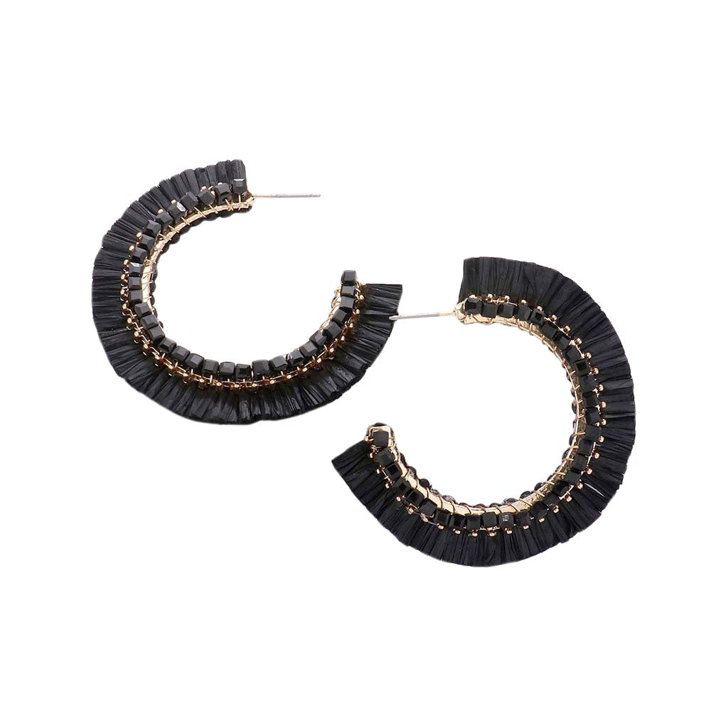 Cube Bead Embellished Raffia Hoop Earrings