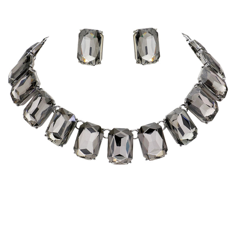 Emerald Cut Stone Link Evening Necklace Earring Set
