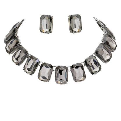 Emerald Cut Stone Link Evening Necklace Earring Set