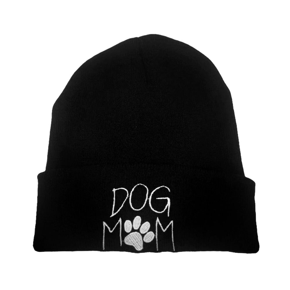 Dog Mom Message Paw Pointed Solid Knit Beanie Hat