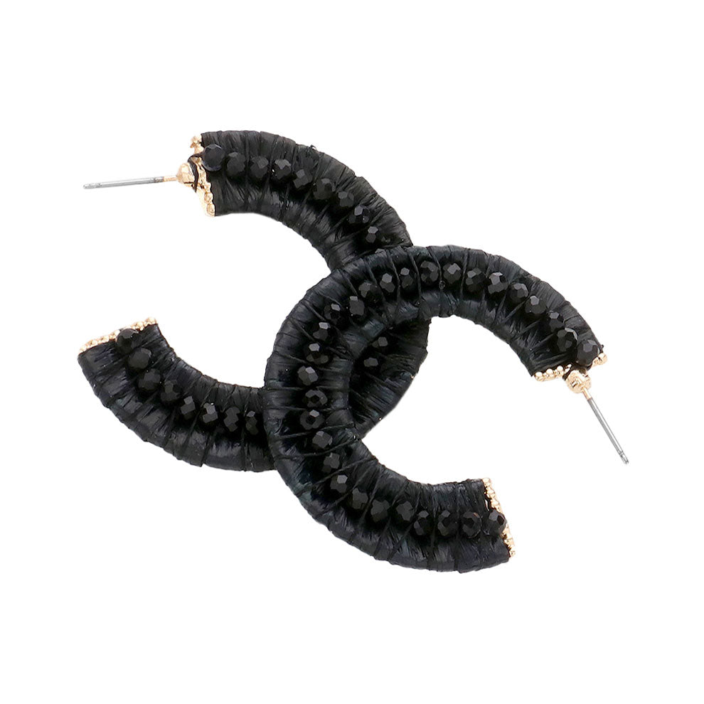 Faceted Bead Embellished Raffia Wrapped Hoop Earrings