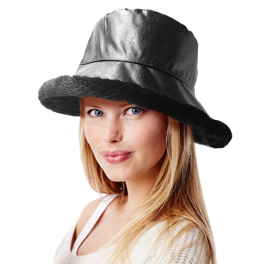 Faux Fur Inside Brim Solid Bucket Hat