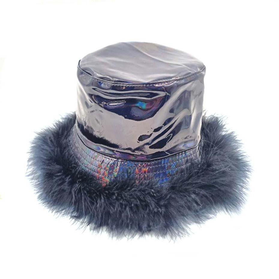 Faux Fur Trimmed Hologram Bucket Hat