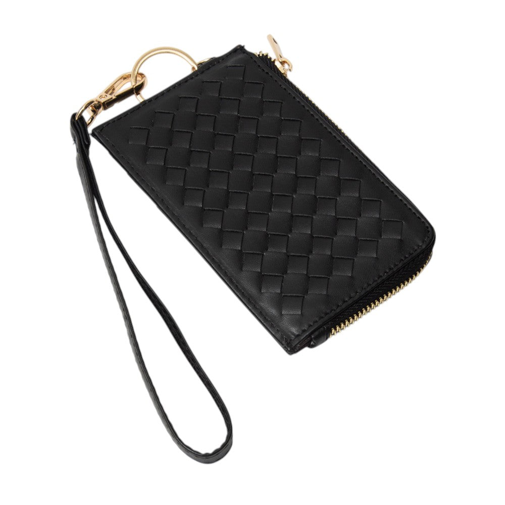 Faux Leather Basket Weave Flat Card Holder Wallet with Wristlet