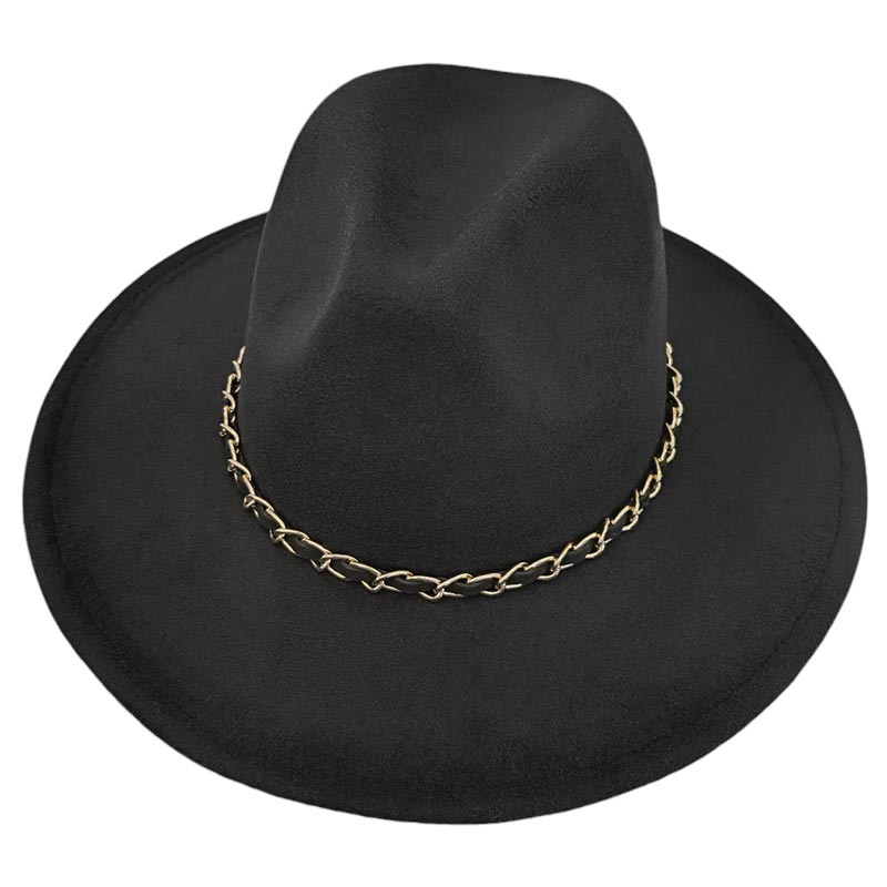 Faux Leather Braided Chain Band Pointed Fedora Hat