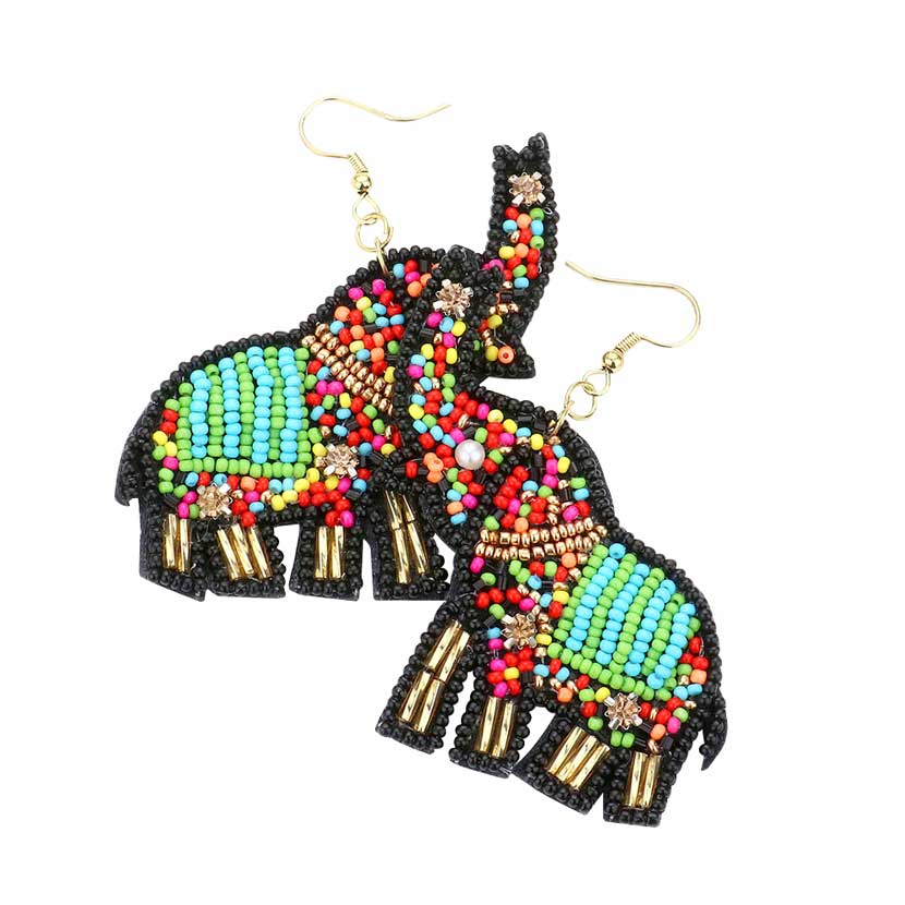 Felt Back Elephant Beaded Dangle Earrings