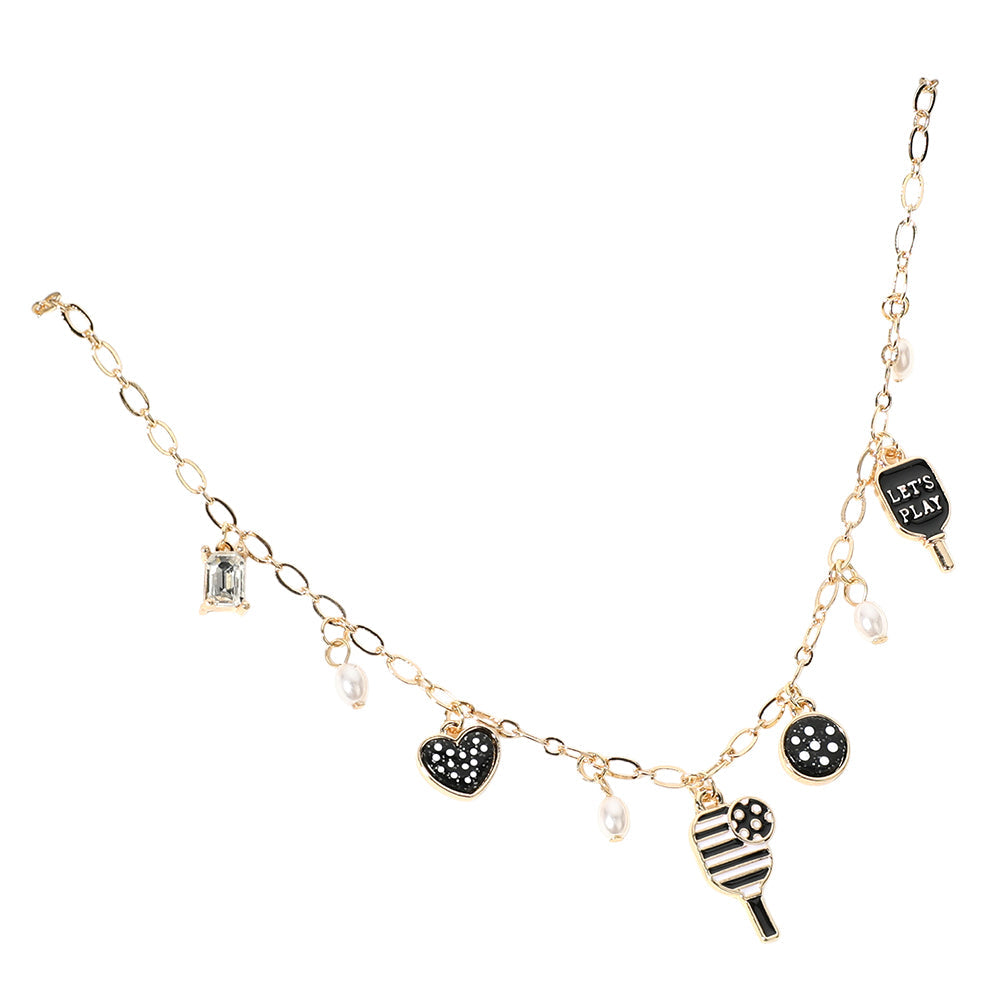 Lets Play Message Enamel Pickleball Pearl Charm Station Necklace
