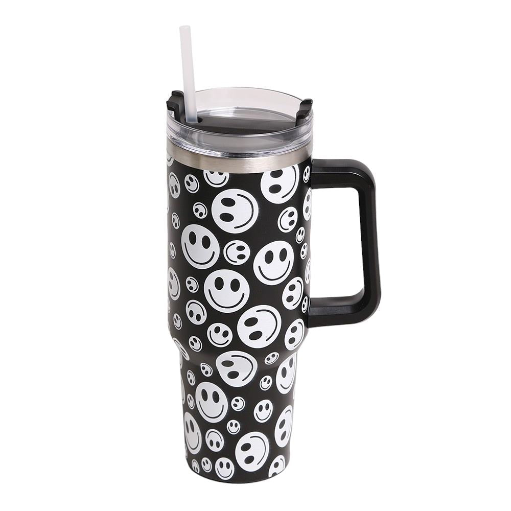 Happy Face Printed 40oz Stainless Steel Tumbler With Handle