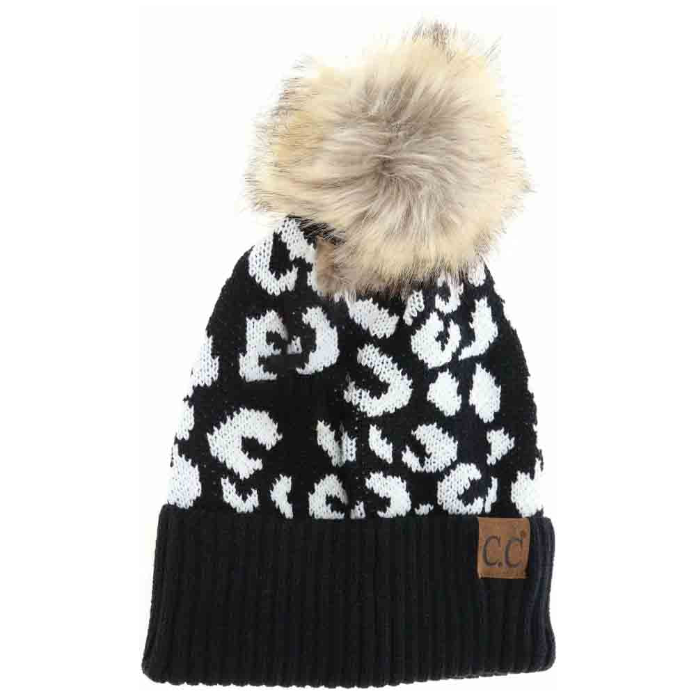 Leopard Pattern Fur Pom C.C Beanie