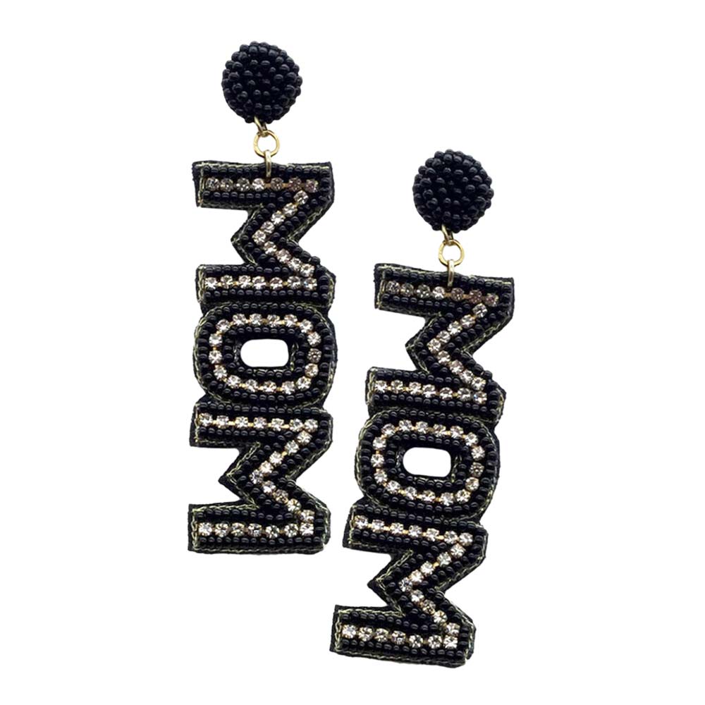 MOM Felt Back Rhinestone Beaded Message Dangle Earrings