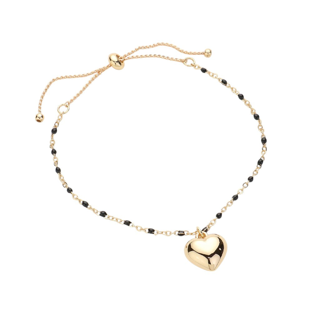 Metal Heart Charm Beads Station Pull Tie Cinch Bracelet