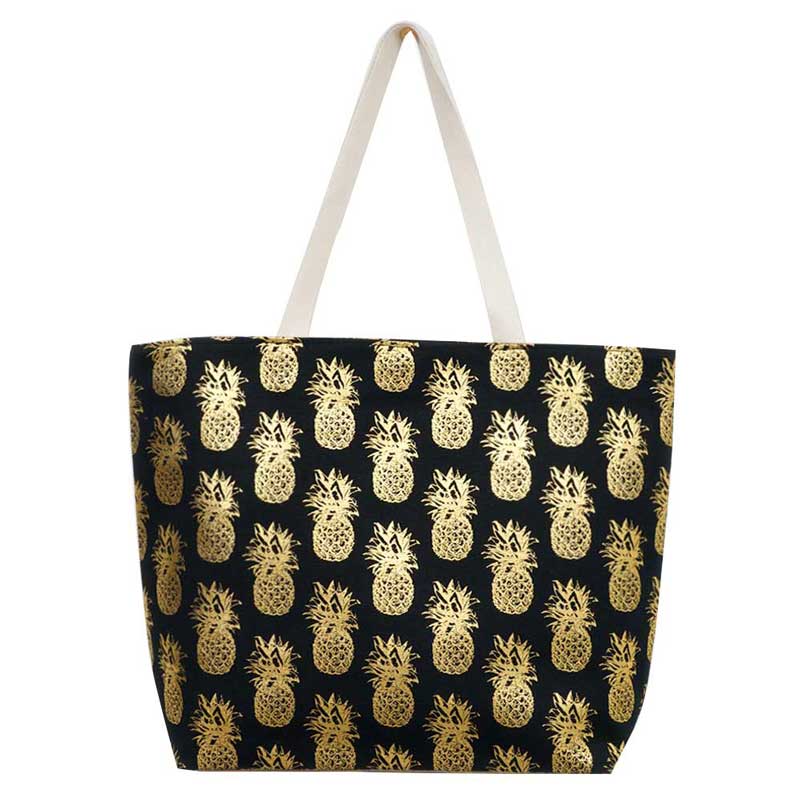 Metallic Pineapple Patterned Beach Tote Bag