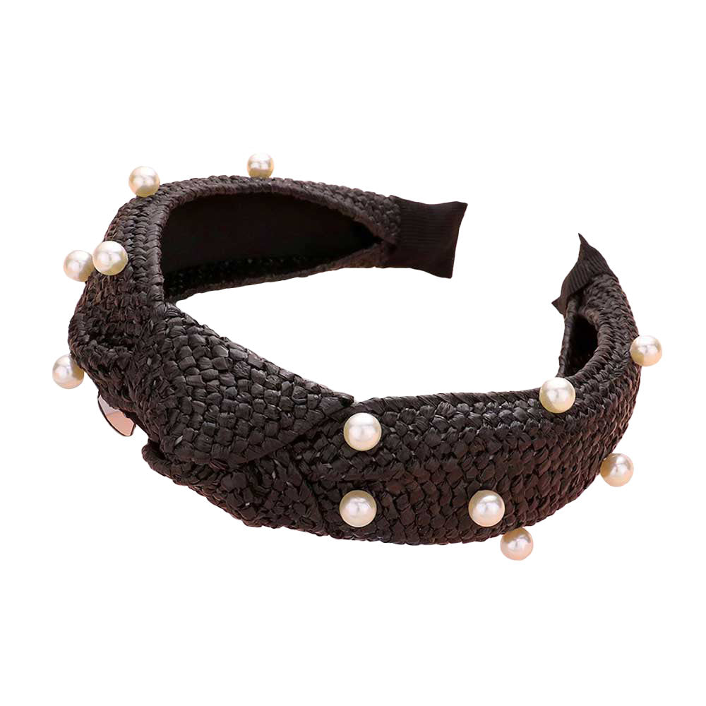 Pearl Embellished Straw Knot Burnout Headband