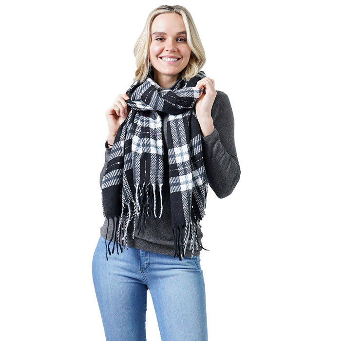 Plaid Check Oblong Scarf With Tassel