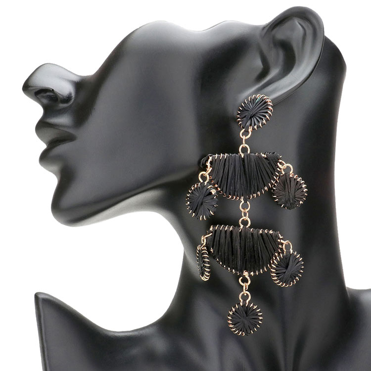 Raffia Wrapped Geometric Metal Link Dangle Earrings