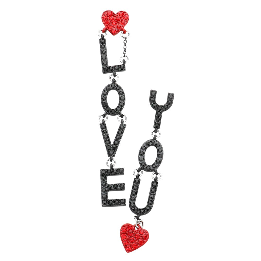 Pendientes Colgantes Desiguales Corazón con Mensaje "LOVE YOU" con Incrustaciones de Diamantes de Imitación