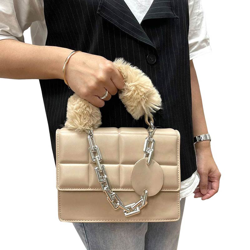 Solid Faux Fur Handle Tote Crossbody Bag