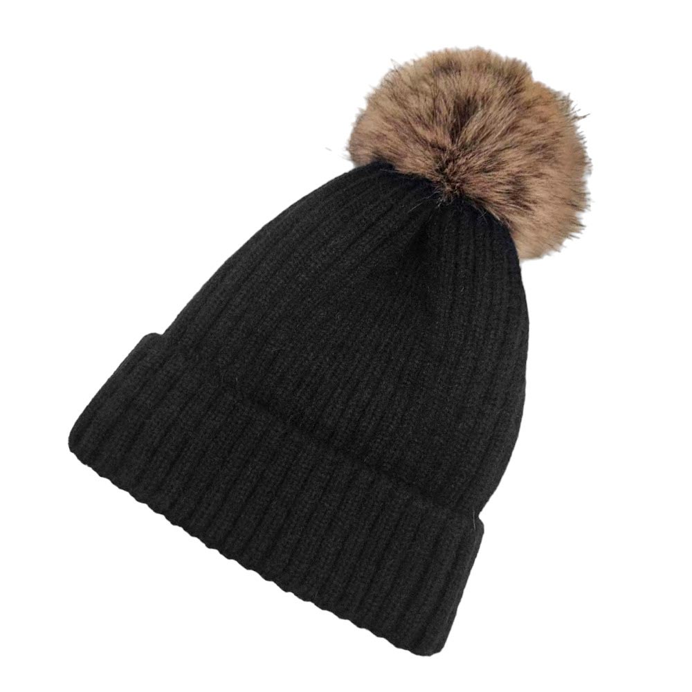 Gorro de punto liso con pompón de piel sintética