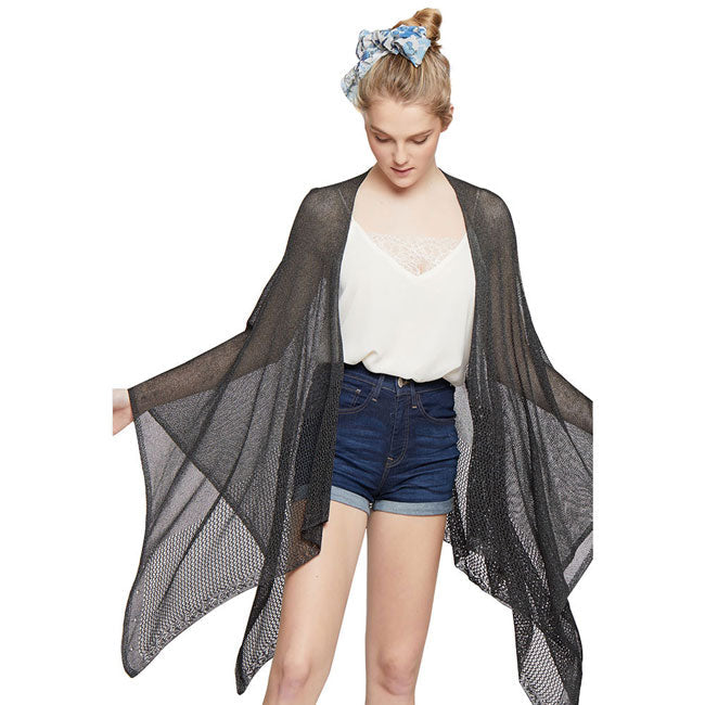 Solid Knitted Mesh Trimmed Ruana