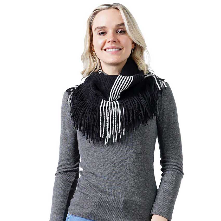 Stripe Knit Tube Scarf With Tassel