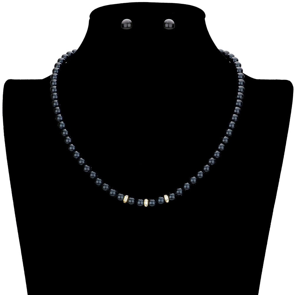 Triple Rhinestone Ring Pointed Pearl Necklace