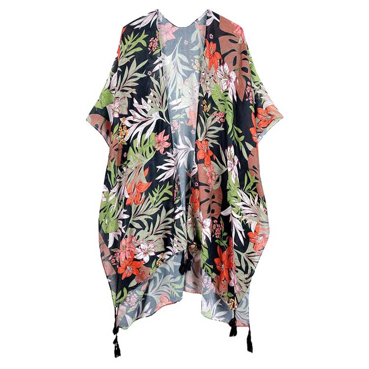 Tropical Leaf Flower Printed Cover Up Kimono Poncho