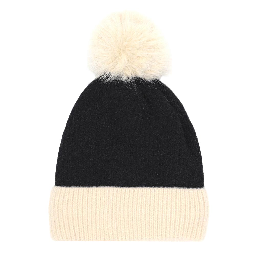 Two Tone Knit Pom Pom Beanie Hat