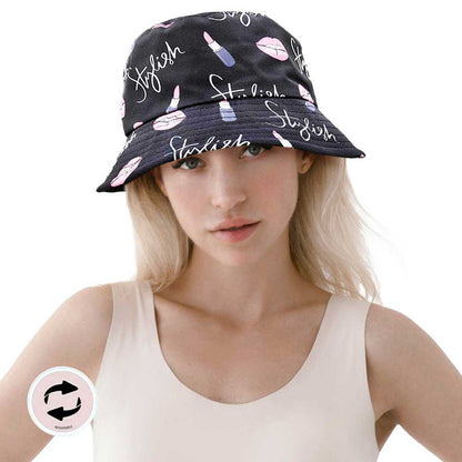 Stylish Message Lipstick Patterned Reversible Bucket Hat
