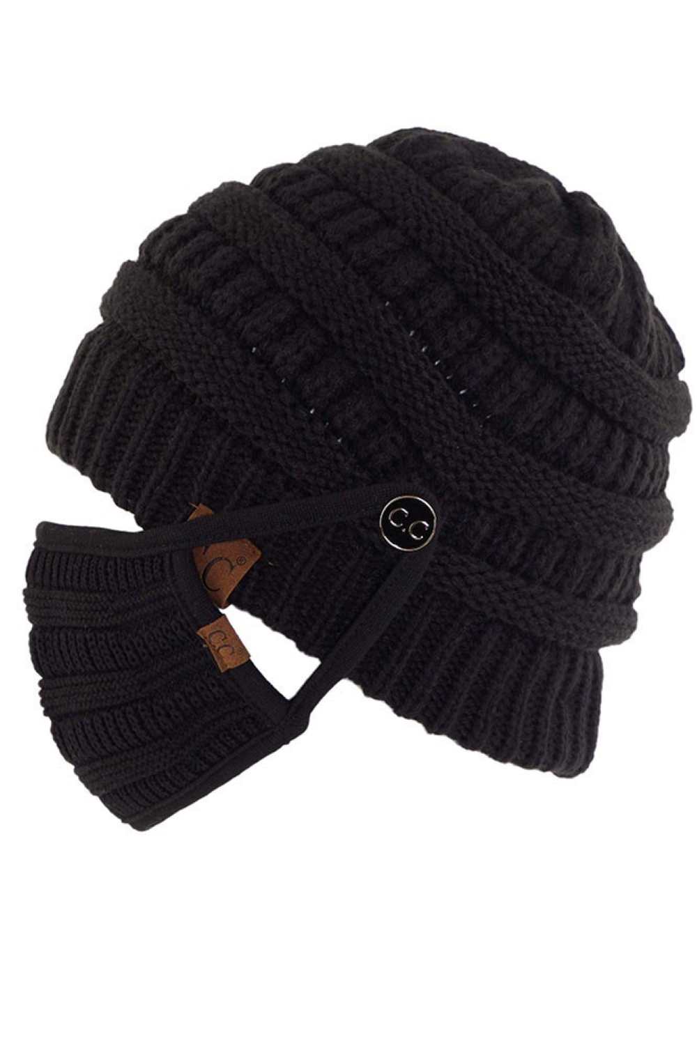 C.C Ribbed Knit Beanie With Mask Button
