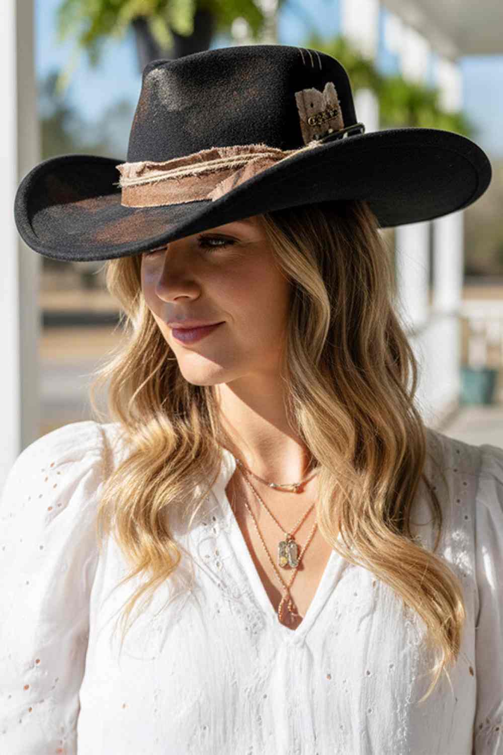 Distressed Fabric Band Rustic Cowgirl Fedora Hat