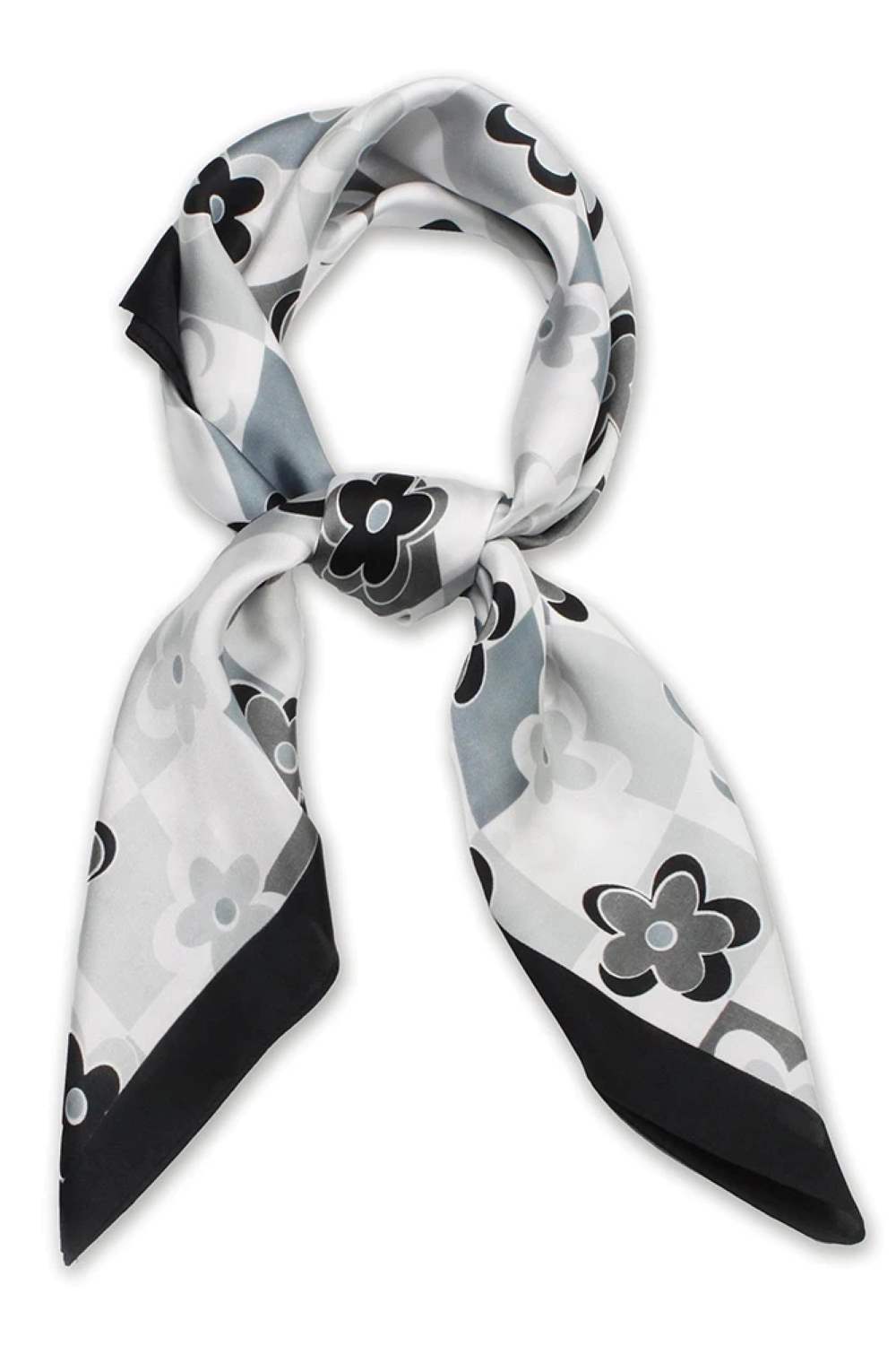 Flower with Checker Print Satin Square Scarf
