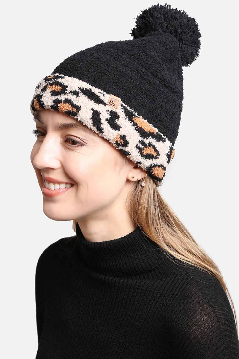 LEOPARD CUFFED POM POM LINING BEANIE